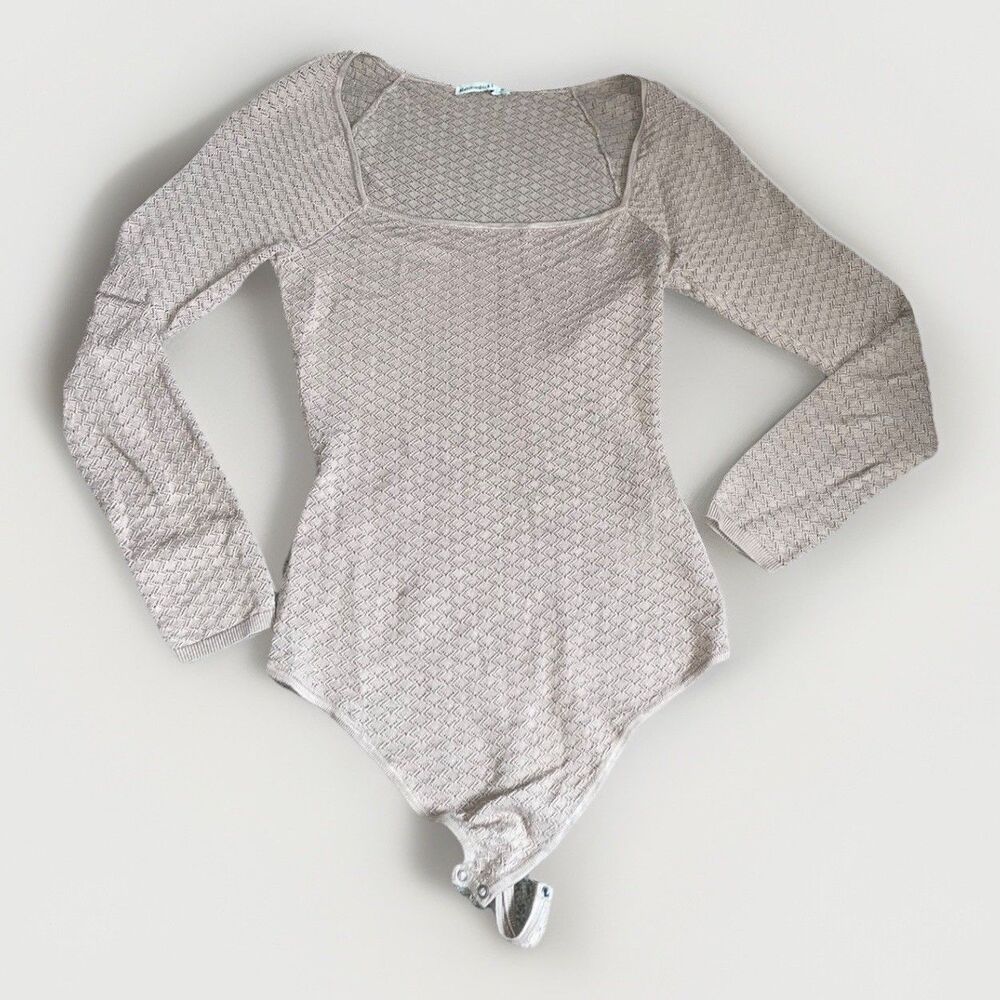 Abercrombie & Fitch Pointelle Square Neck Bodysuit M Taupe Long Sleeve